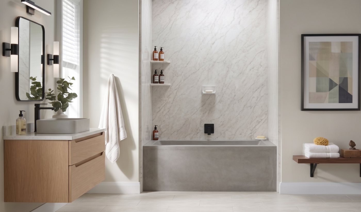 Contemporary bathroom with a wood vanity and a built-in tub