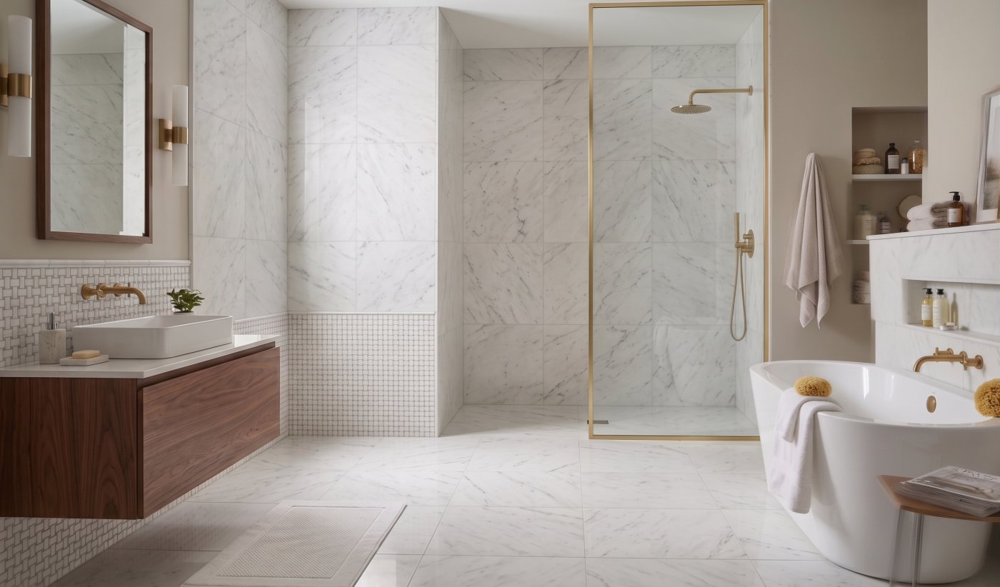 Bright bathroom with white stone-look walls and a glass walk-in shower